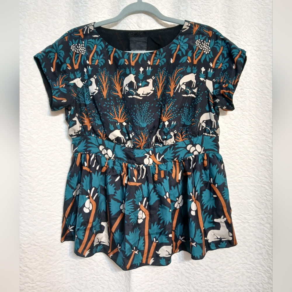 Ann Sui For Anthropologie Teal and Orange Forest Print Blouse